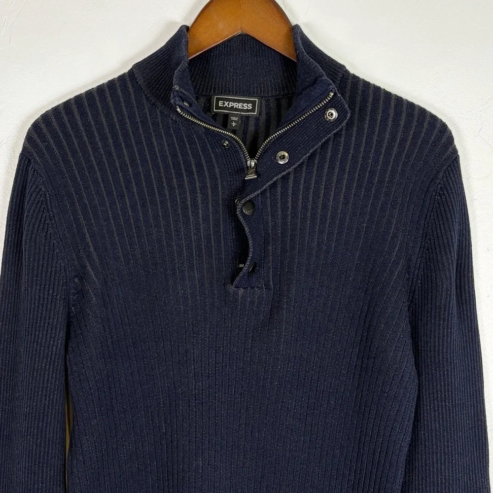 Express Men's Sweater Size L Navy‎ Blue 1/4 Zip and Snap Ribbed Stretch Fitted
